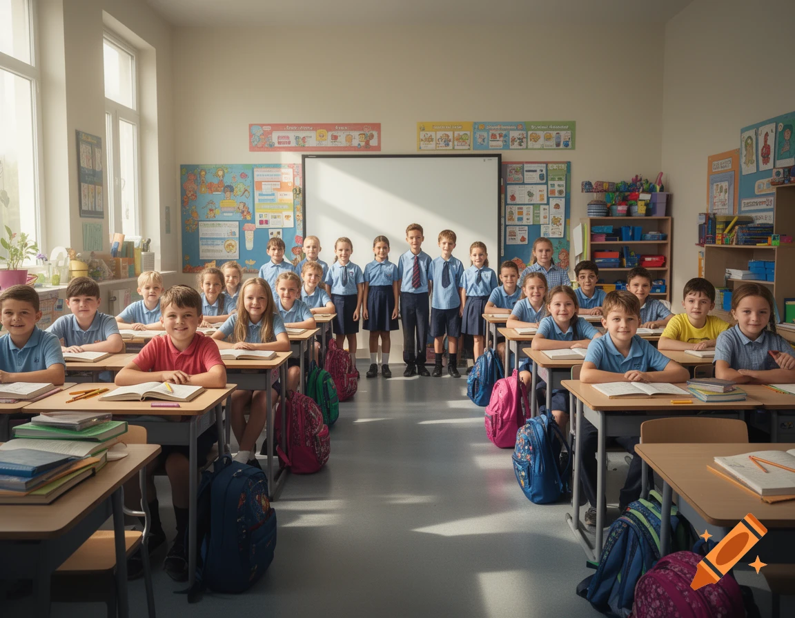 Photorealistic classroom filled with eighteen elementary school students sitting at desks and standing in the center.