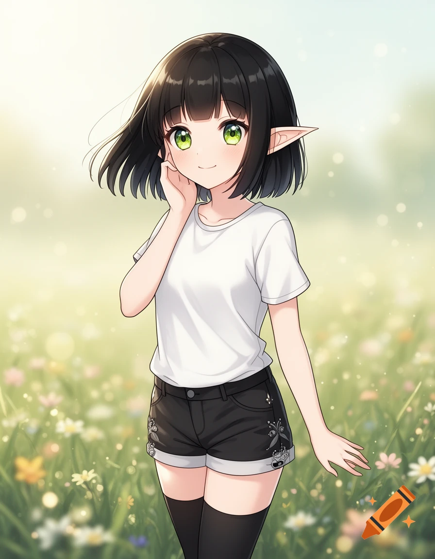 Moe anime elf girl with black bob cut, green eyes, white t-shirt, and black shorts standing in a grassy field, anime style
