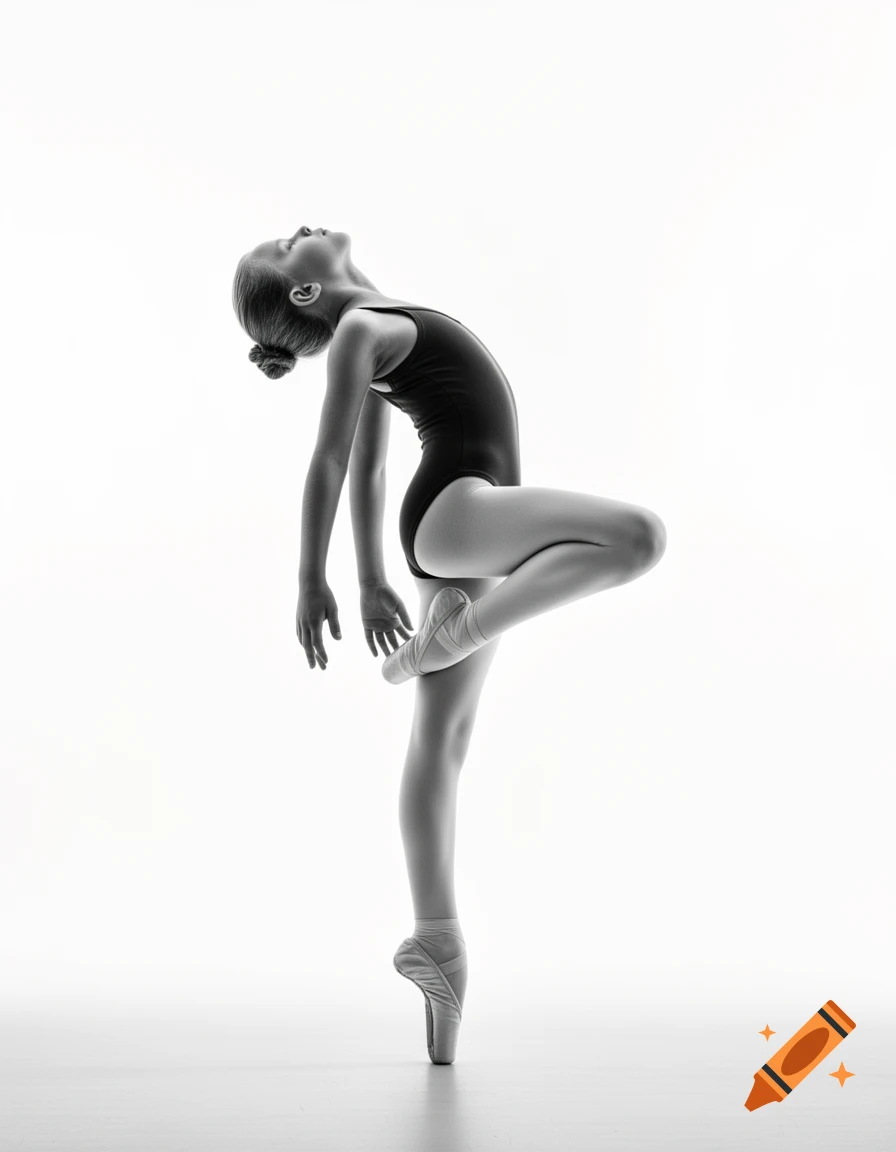 Black and white photorealistic image of a young dancer performing an arabesque en demi-pointe against a white background.