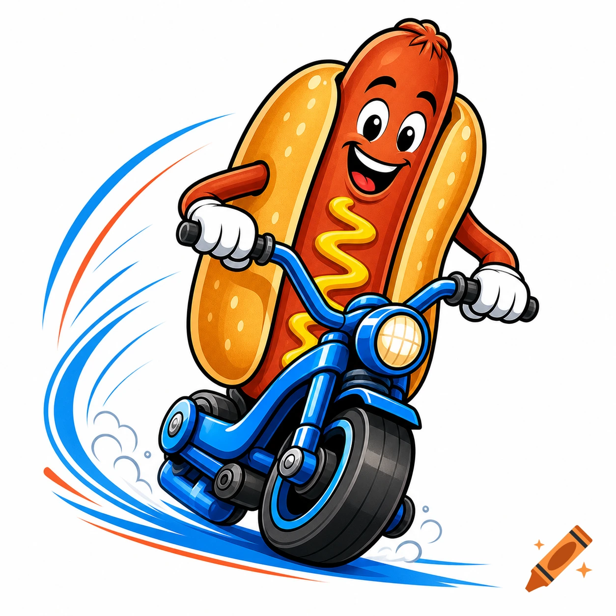 Cartoon hotdog character with a face riding a blue motorcycle, vector logo style.