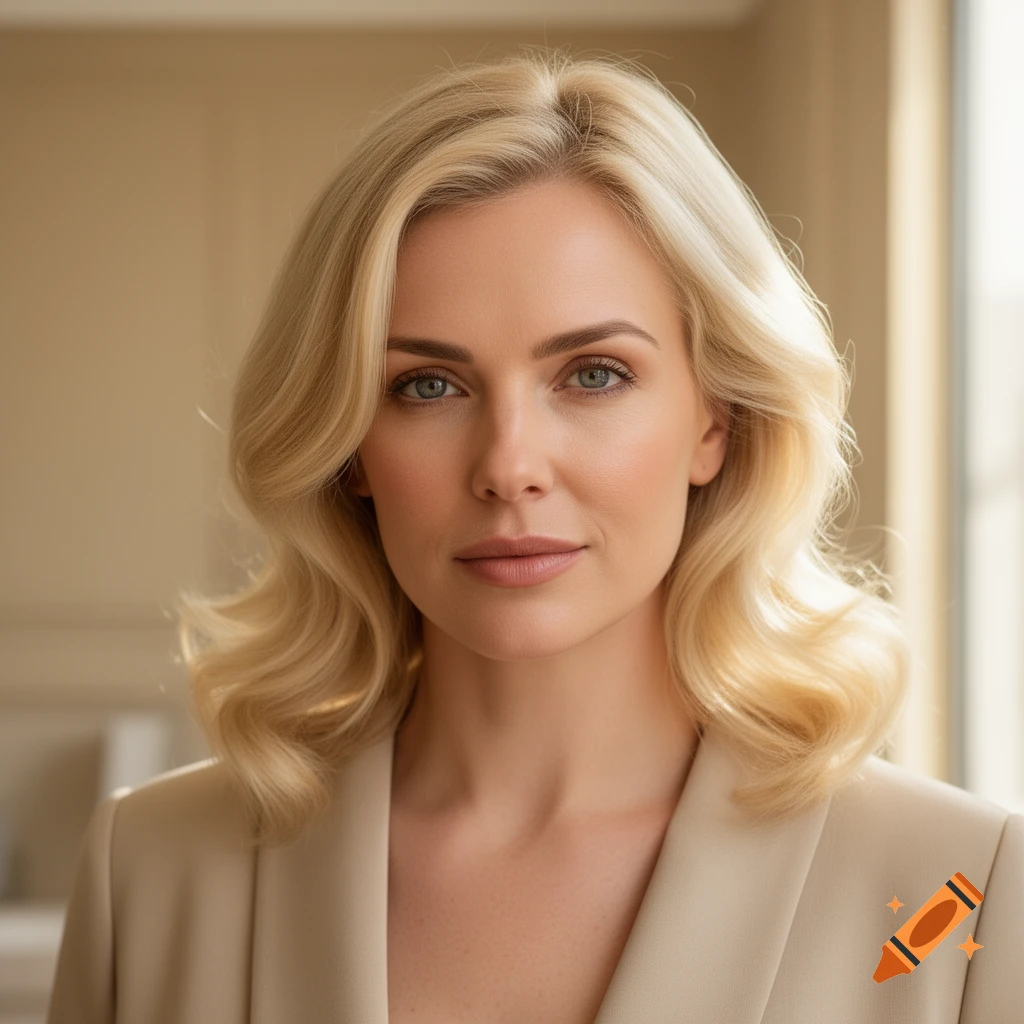 Close-up portrait of a blonde woman with blue eyes wearing a beige blazer, photorealistic.