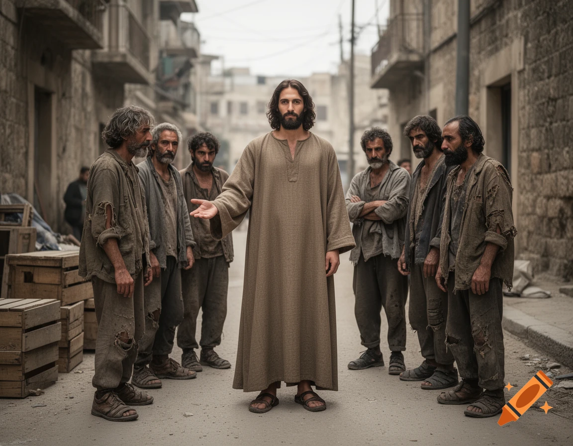 Photorealistic scene of Jesus standing in a narrow dusty alley surrounded by impoverished people in ragged clothing.