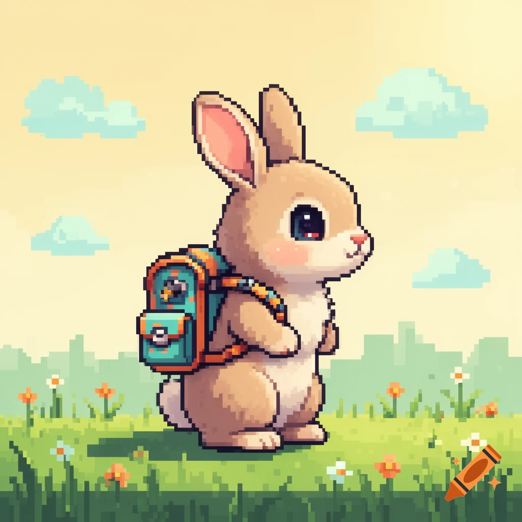 Pixel art of a cute light brown rabbit with a teal backpack standing in a grassy meadow with clouds in the sky.