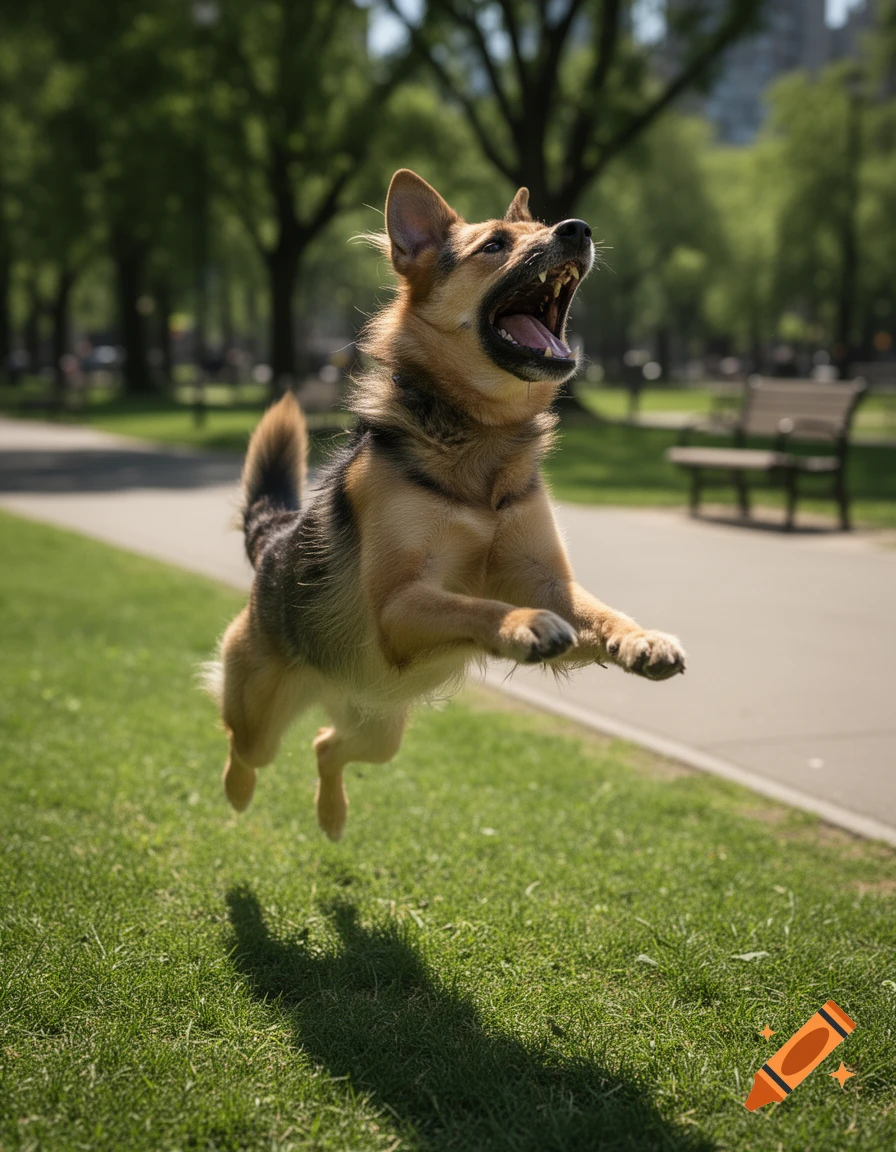 Photorealistic German Shepherd dog jumping mid-air with an open mouth in a park.