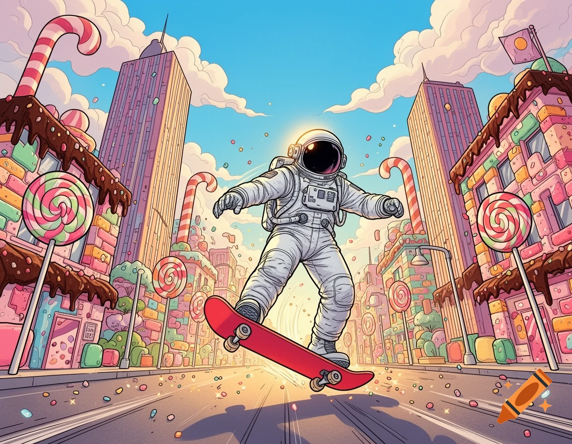 Comic style illustration of an astronaut in a white spacesuit skateboarding down a street made of candy and sweets.