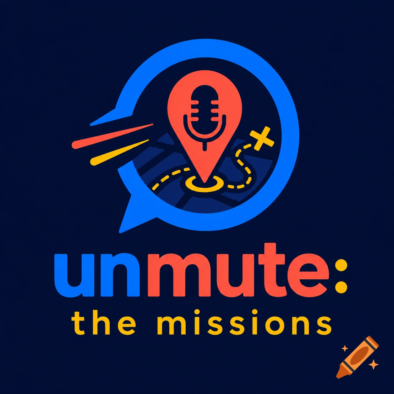 A stylized digital logo for an app named 'unmute: the missions', featuring a blue speech bubble, a red location pin with a microphone icon, and a map background.