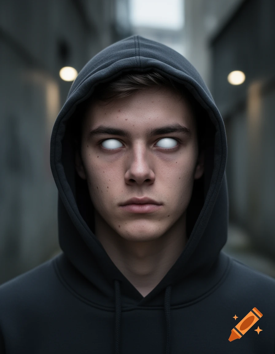 Photorealistic portrait of a young man wearing a dark hoodie with glowing pure white eyes, standing in an alleyway.