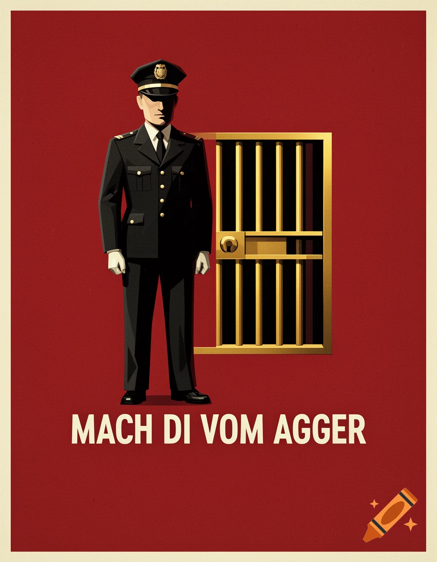 Stylized poster of a prison guard in uniform next to open jail cell doors, with bold text below.