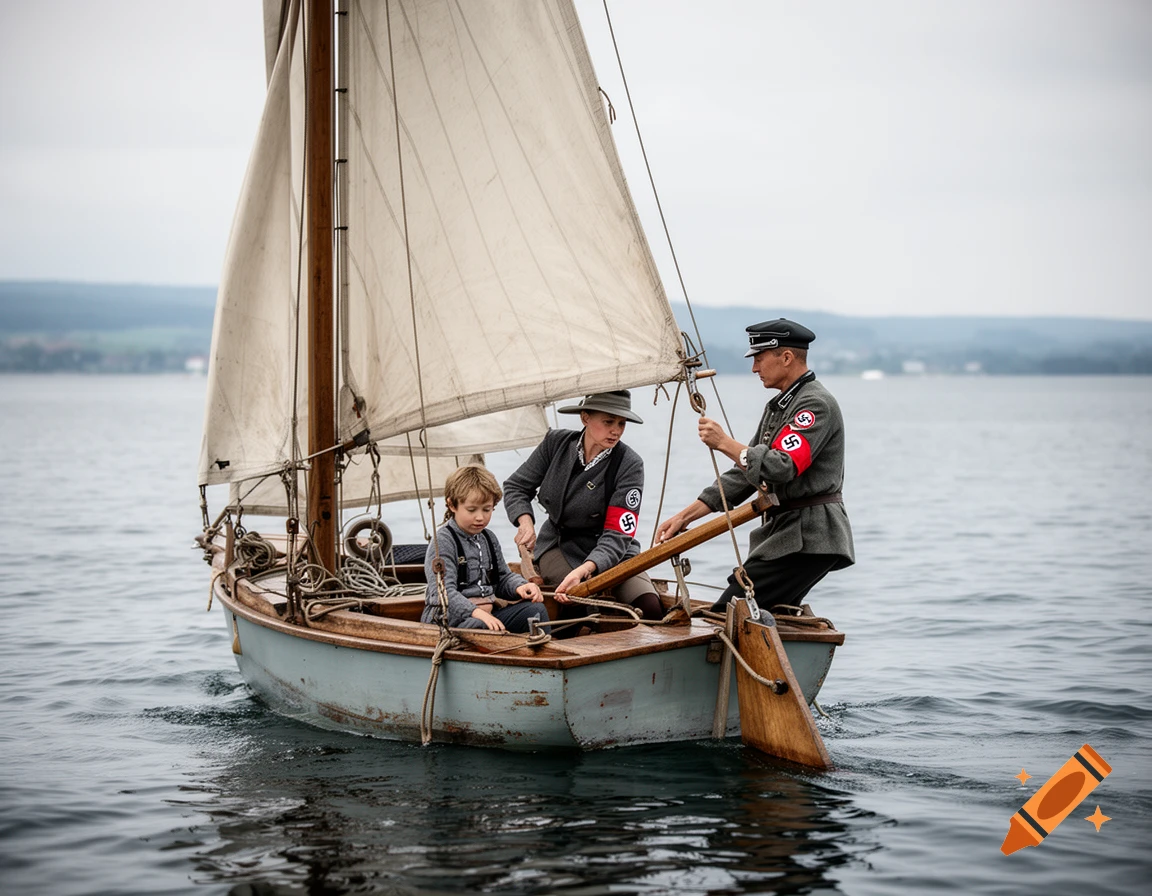 Photorealistic depiction of a family in a small sailboat on calm water, wearing 1940s-style clothing and armbands.