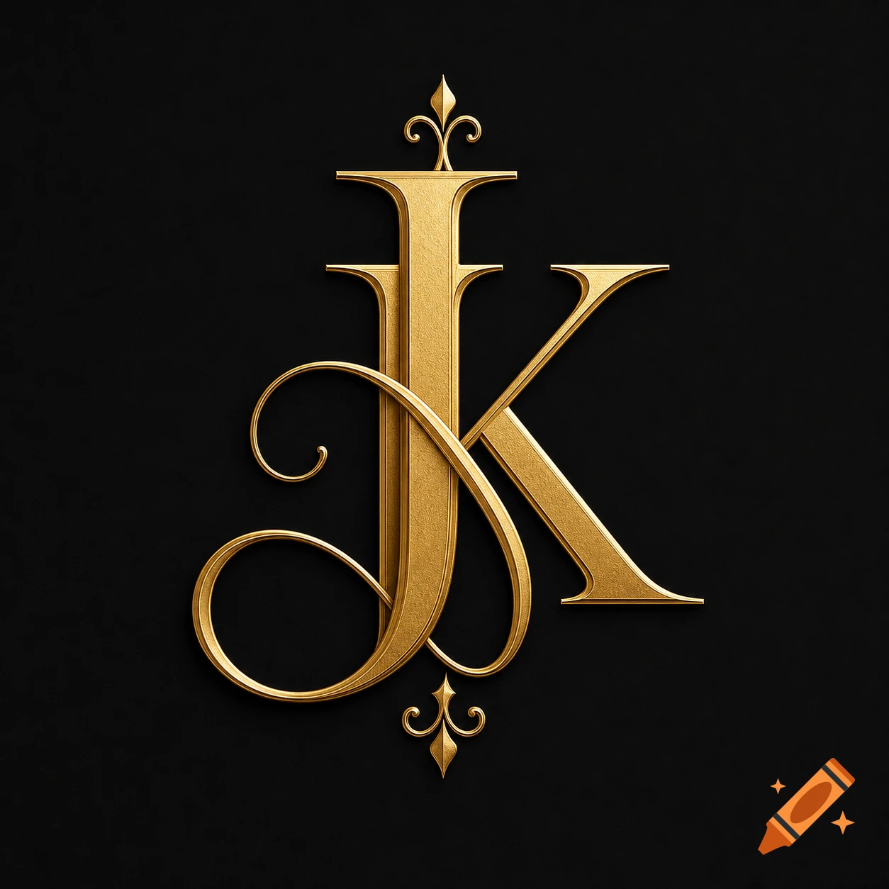 An ornate gold monogram of the letters J and K interlocked, featuring decorative flourishes on a black textured background.