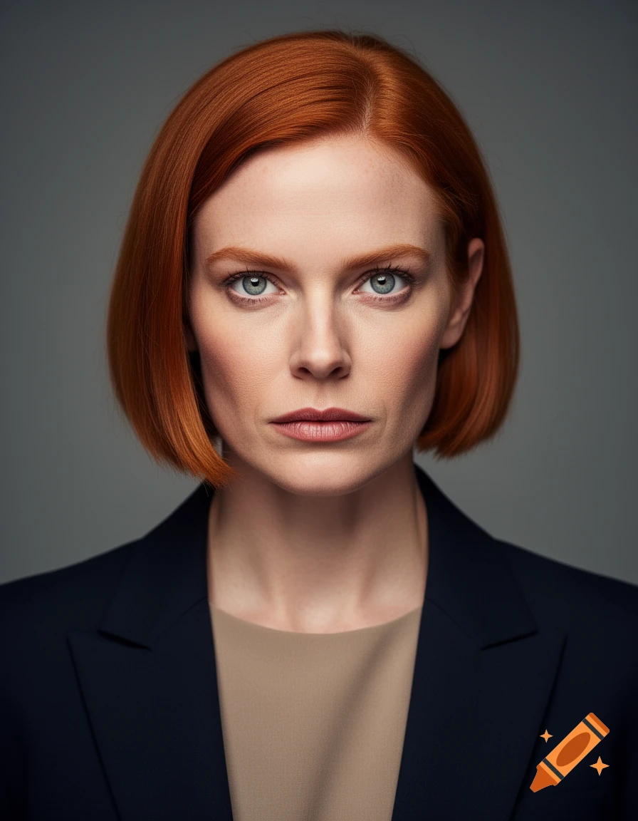 Studio portrait of a late-20s female investigative journalist with a severe ginger bob and sharp bone structure, wearing a dark blazer.