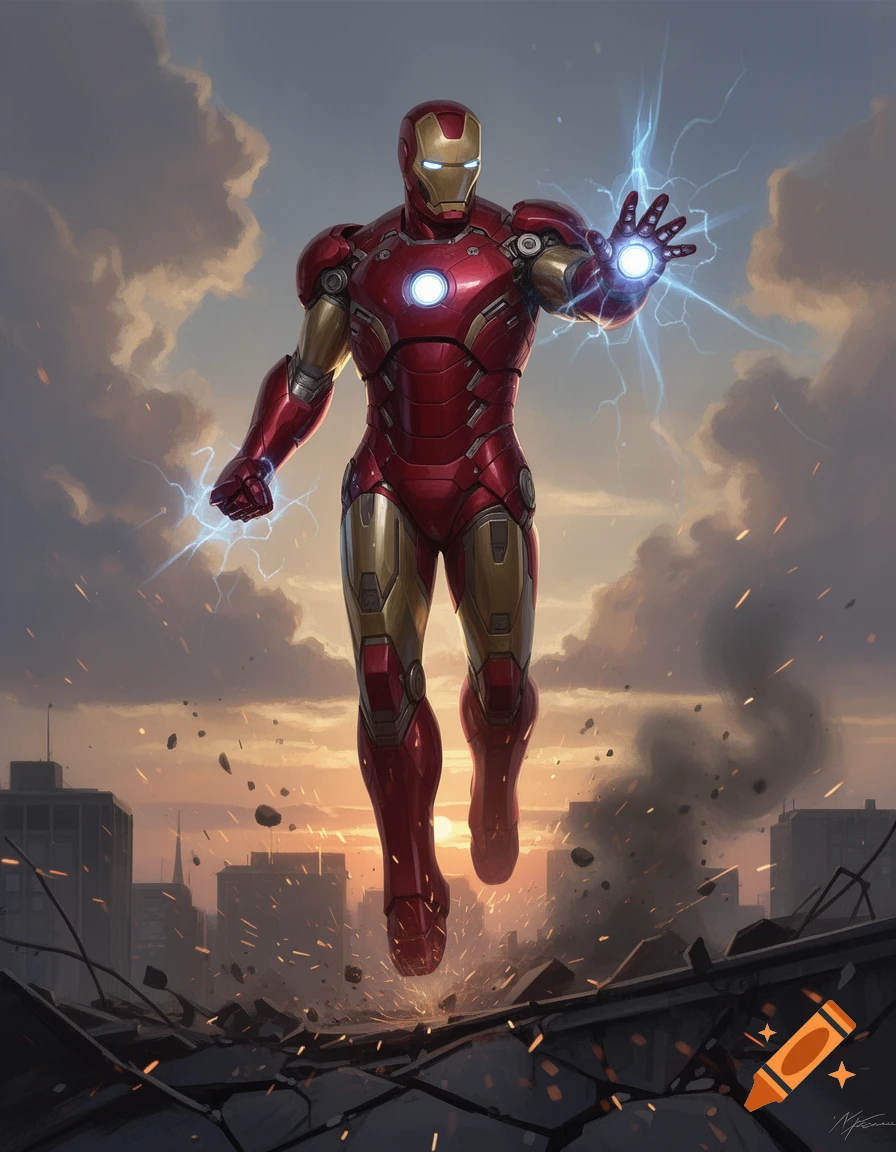 Iron Man floating in the air with glowing repulsor hands above a destroyed cityscape, digital painting style.