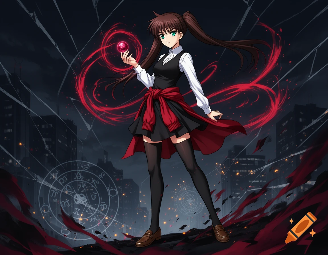 Anime illustration of Rin Tohsaka holding a glowing red orb amidst magical energy and a dark cityscape background.