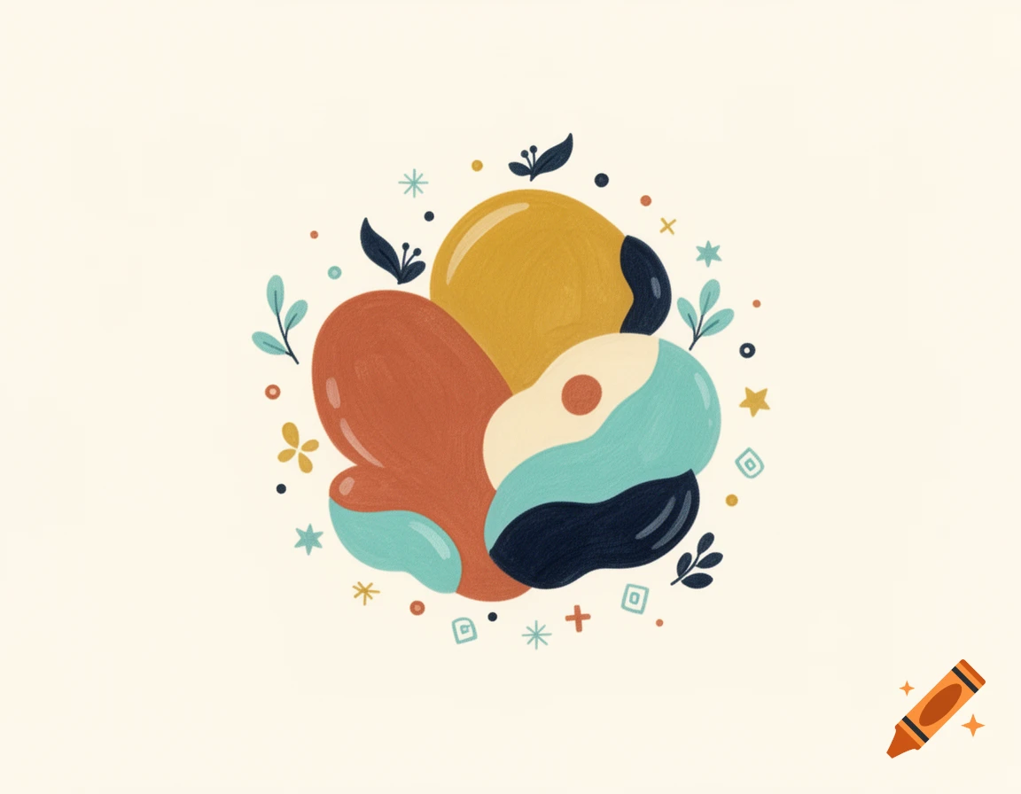 Colorful abstract shapes and botanical doodles in a minimalist illustration style.
