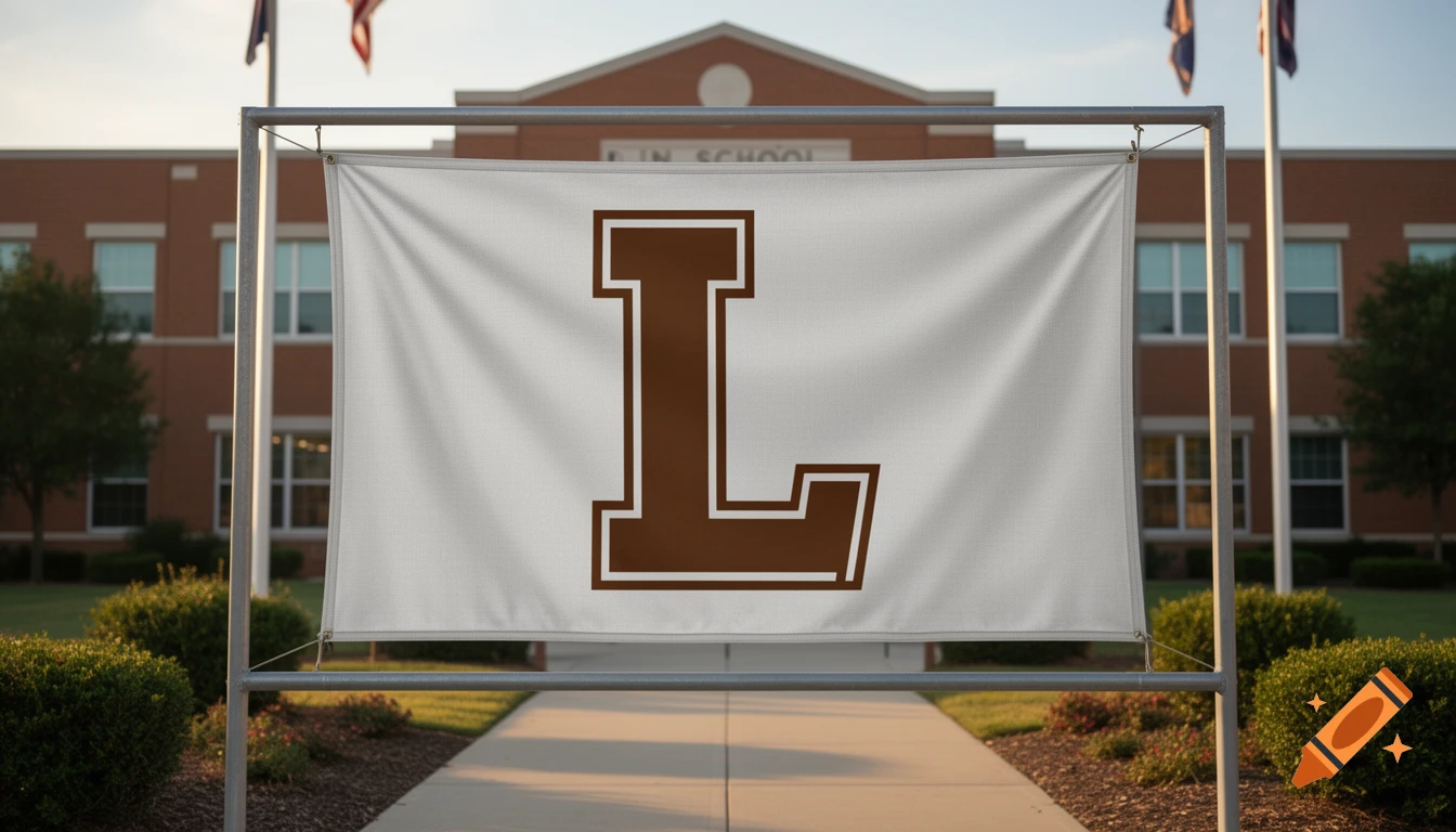 A large white banner featuring a brown letter L on a metal frame in front of a school building.