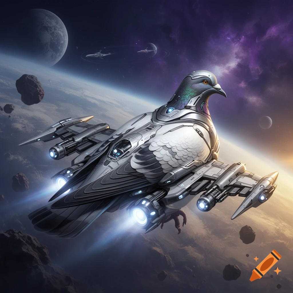 A detailed digital painting of a futuristic spaceship shaped like a pigeon flying through outer space with planets and nebulae in the background.