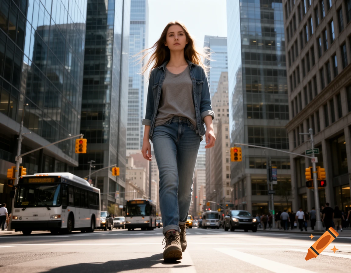 Photorealistic image of a giant young woman walking down a city street among skyscrapers and traffic.