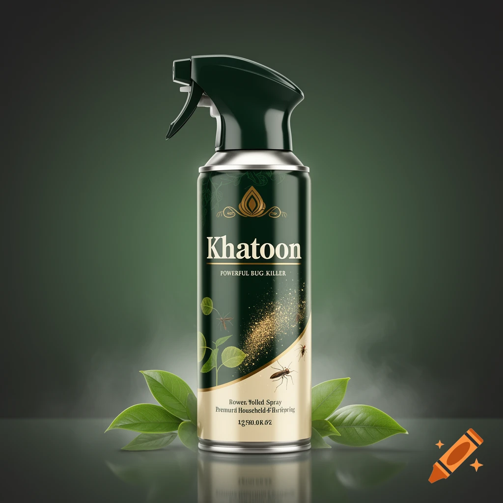 Photorealistic product shot of a green bug killer spray can labeled Khatoon, surrounded by green leaves against a dark green gradient background.