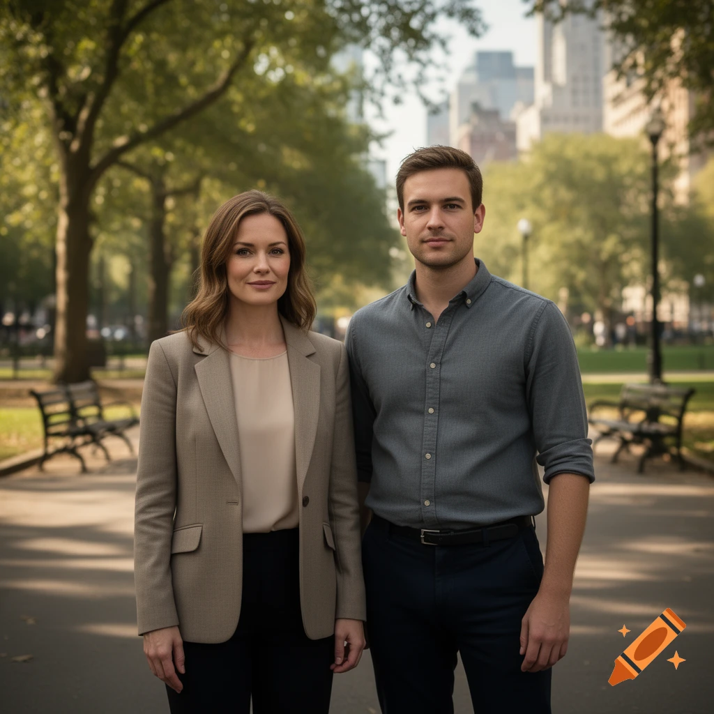 Photorealistic portrait of a man and a woman standing side by side in a park.
