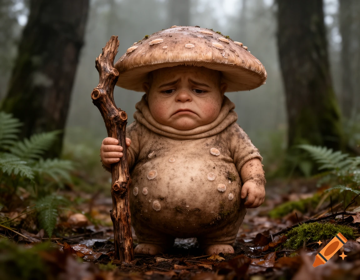 Photorealistic image of a sad, chubby mushroom humanoid standing in a misty forest, holding a wooden staff.