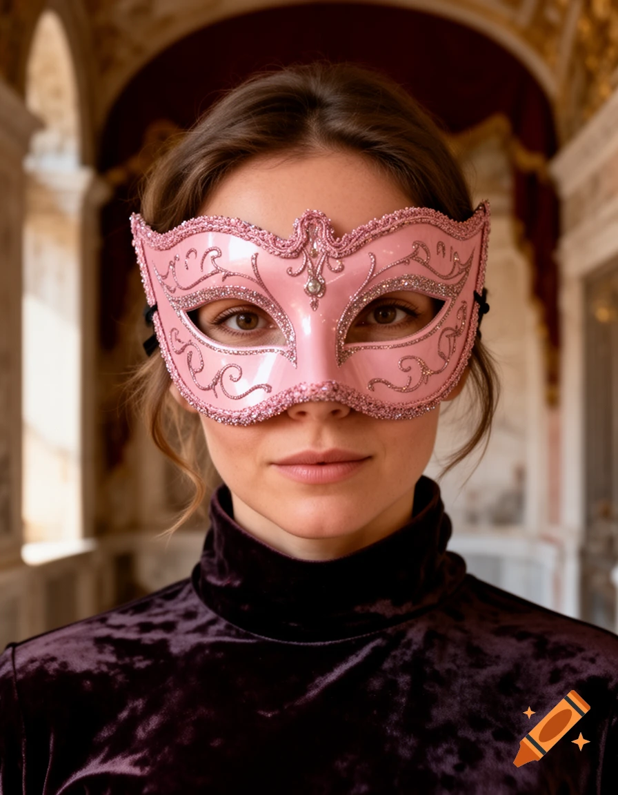 Photorealistic close-up portrait of a woman wearing a decorative pink Venetian mask and a dark purple velvet turtleneck.