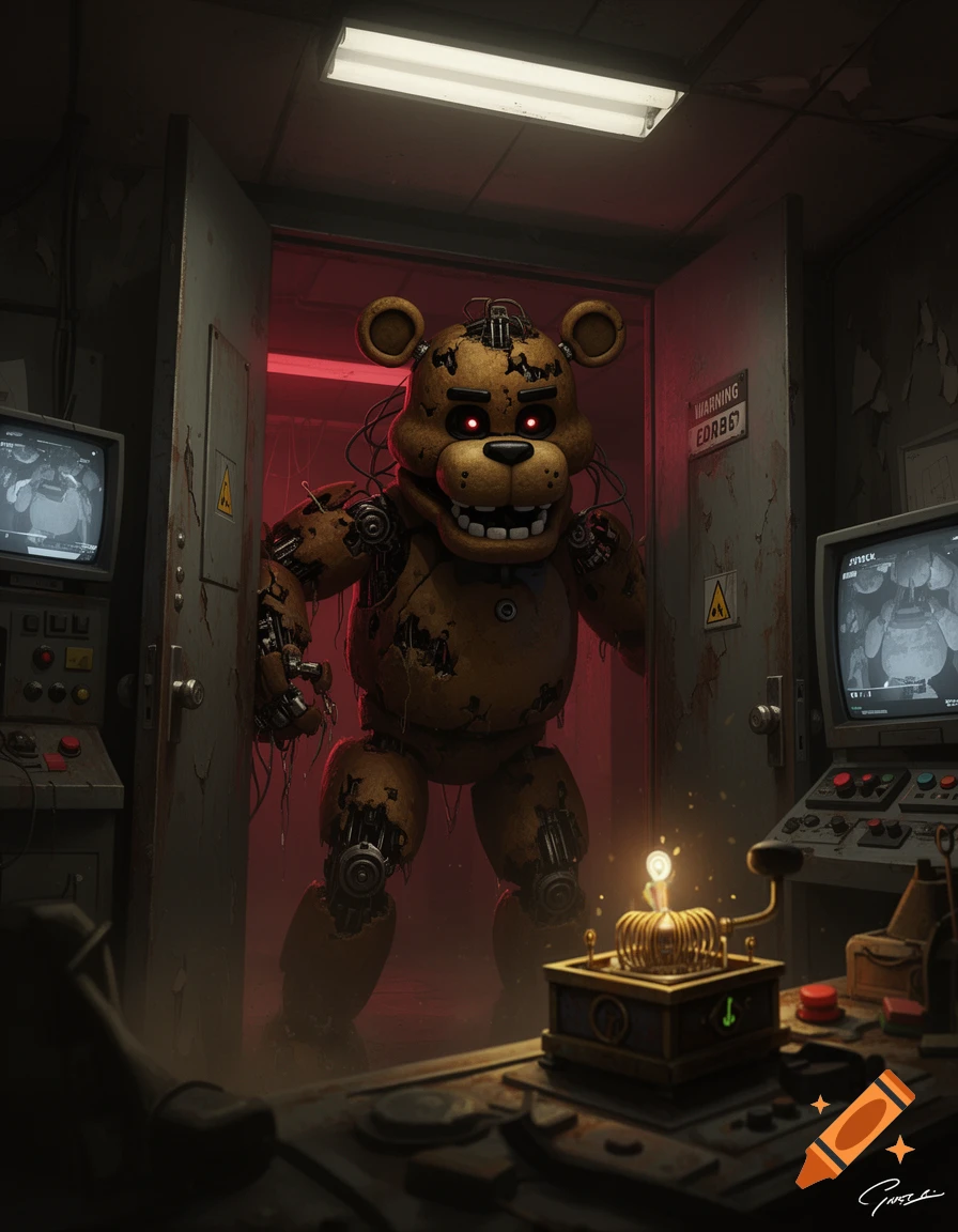 A terrifying, withered animatronic bear stands in a dark security room doorway with glowing red eyes.