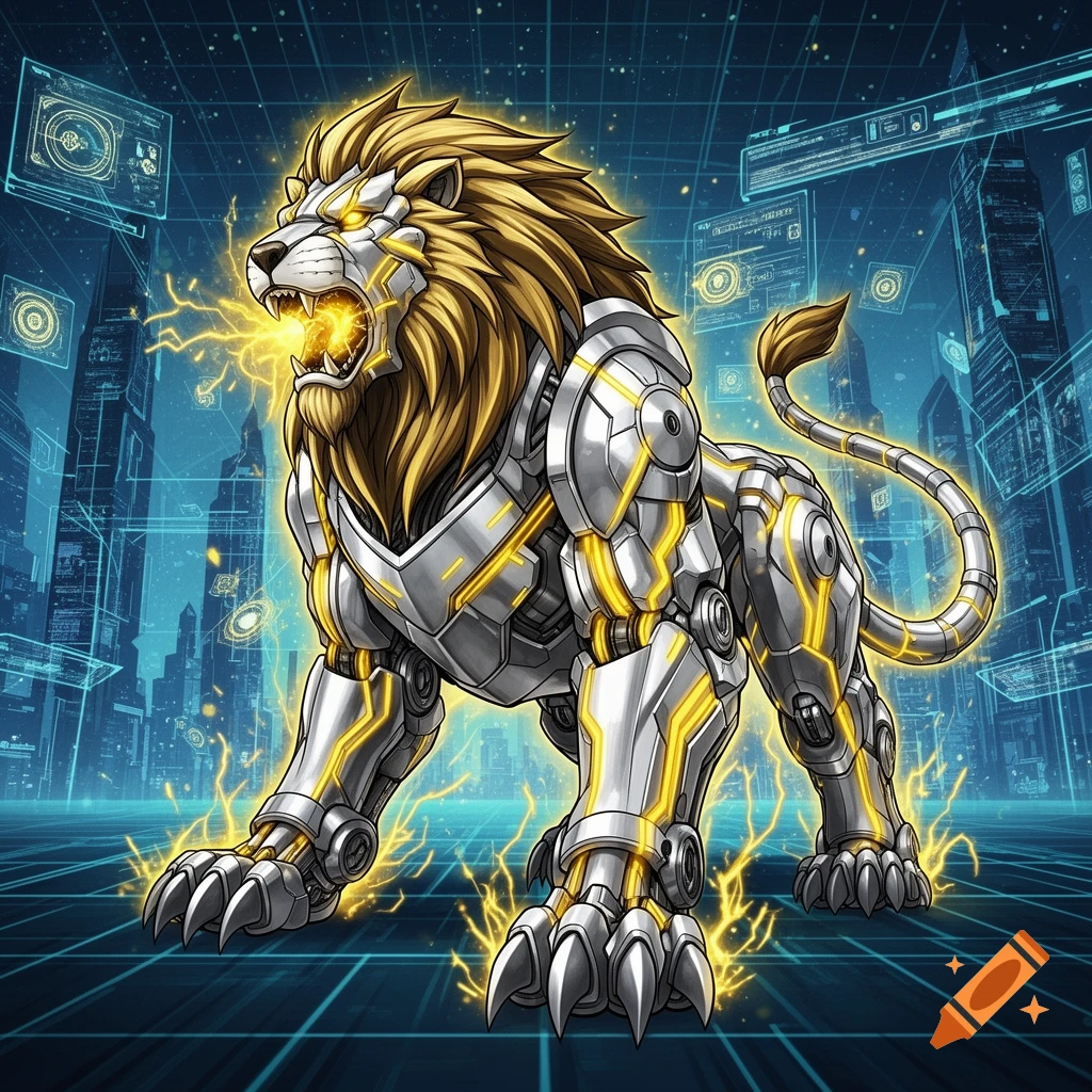 Cybernetic mechanical lion with silver armor and yellow energy lines standing against a futuristic sci-fi cityscape background in a Yu-Gi-Oh art style.