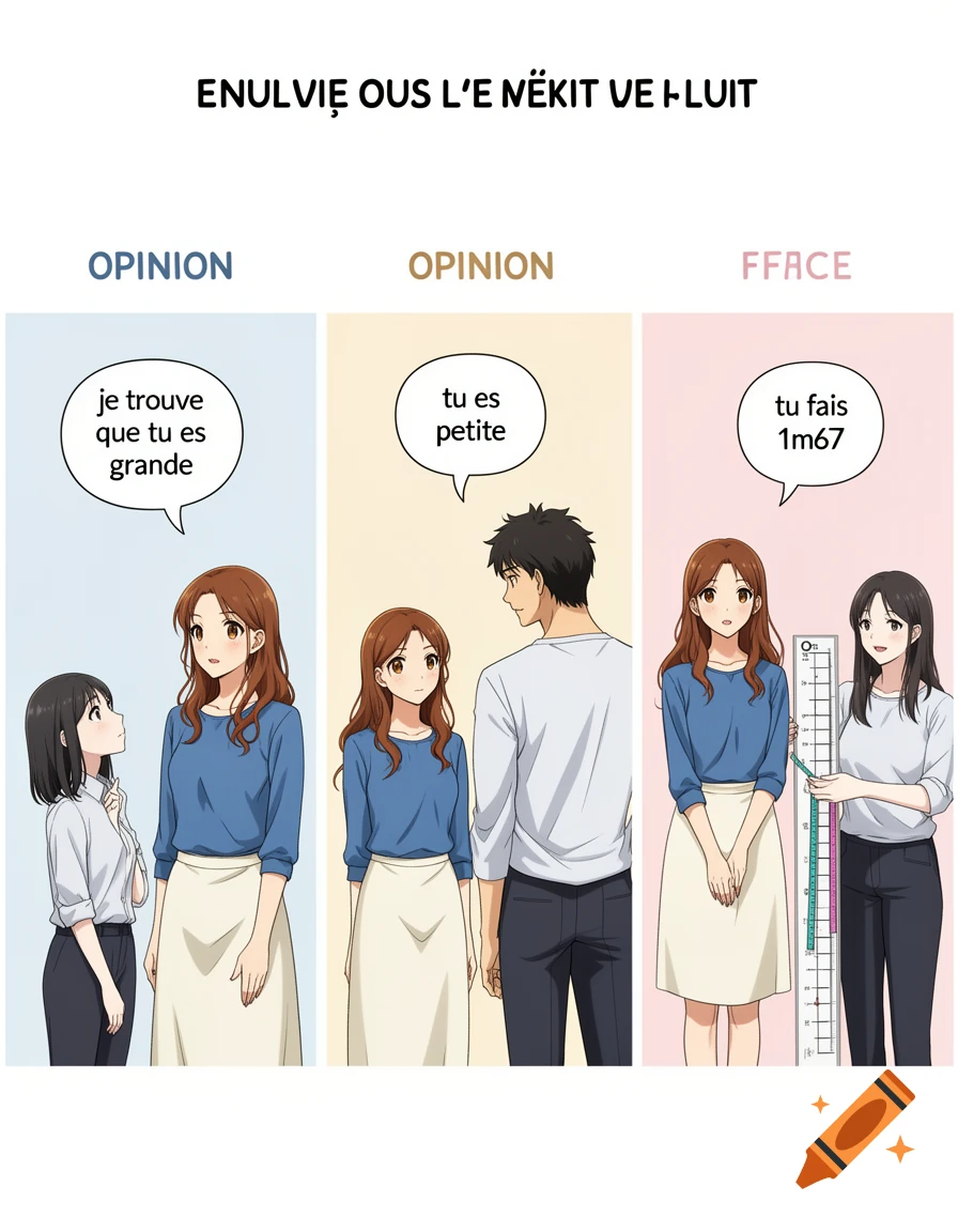 A three-panel anime style comic comparing subjective opinions to objective facts using three female characters and a measuring tape.