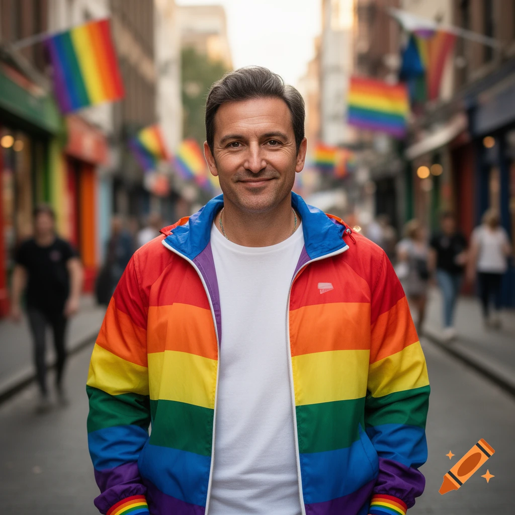 Photorealistic portrait of a smiling man wearing a rainbow-striped jacket standing on a city street with rainbow flags in the background.