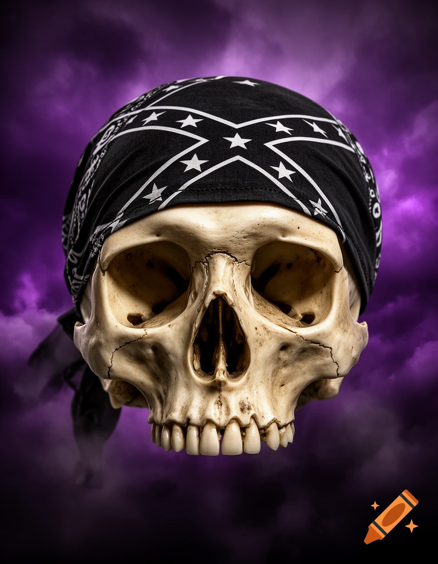 Close-up photorealistic human skull wearing a black bandana with a white star pattern against a dramatic purple cloudy sky.