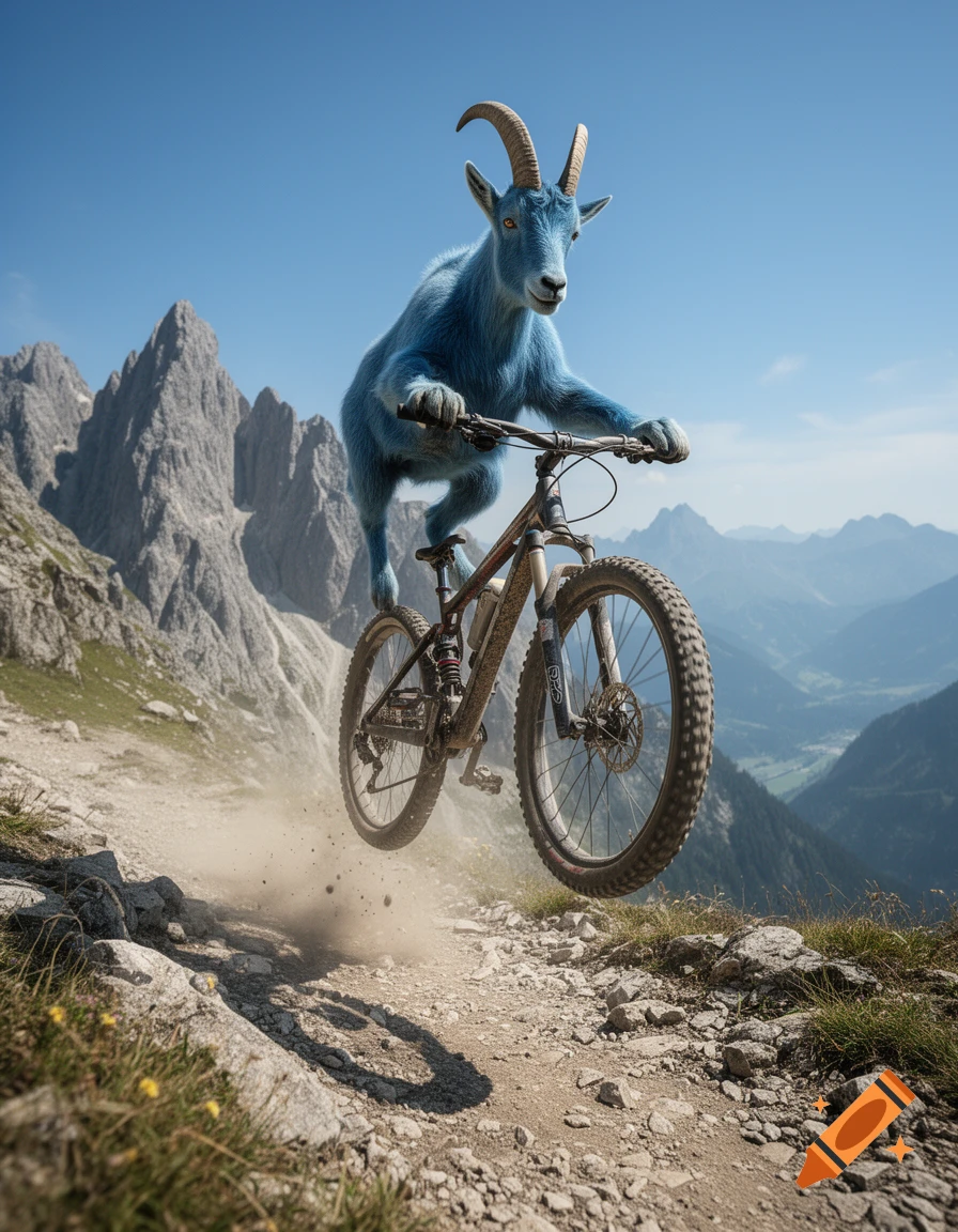 Photorealistic image of a blue mountain goat jumping a mountain bike on a rocky mountain trail.