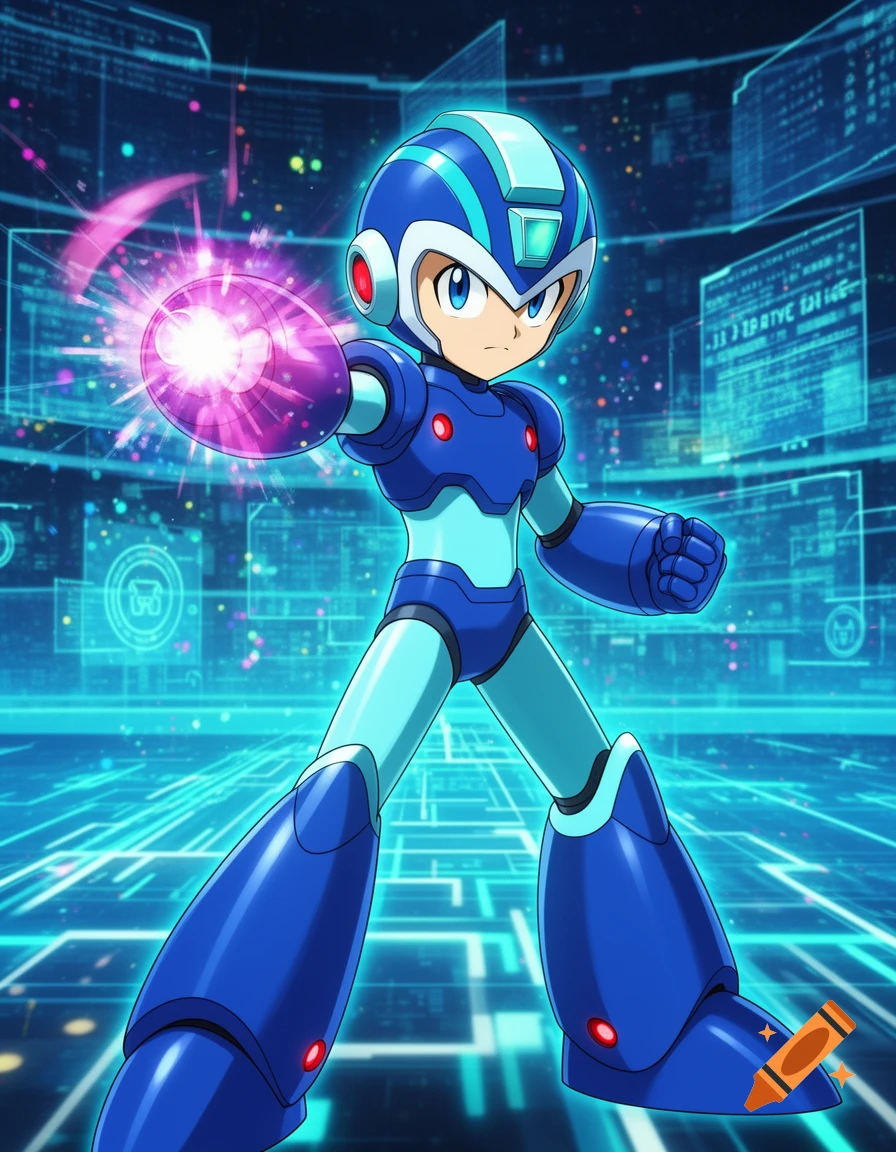 Anime style illustration of Mega Man.exe in a digital cybernetic environment with glowing energy blast from hand.