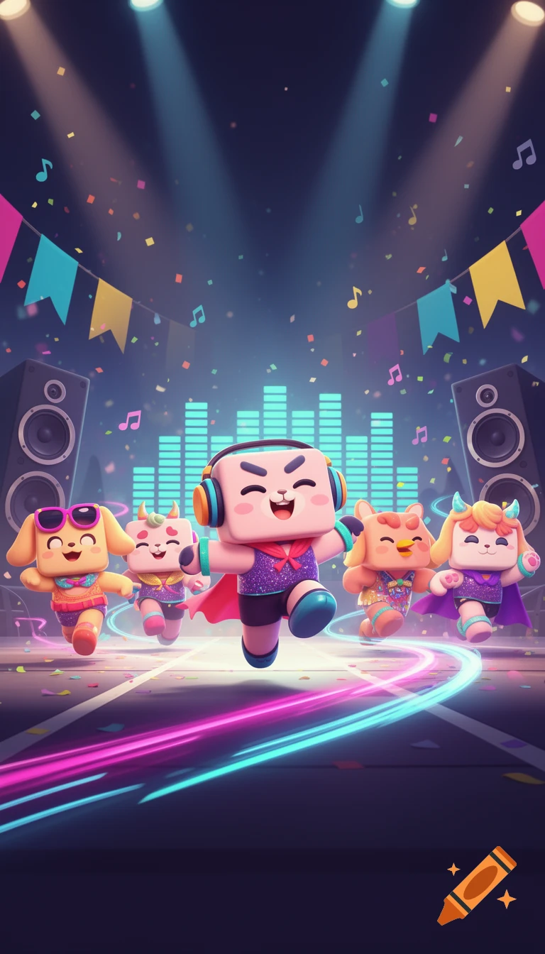 3D stylized chunky cube characters dancing at a vibrant music festival under stage lights.