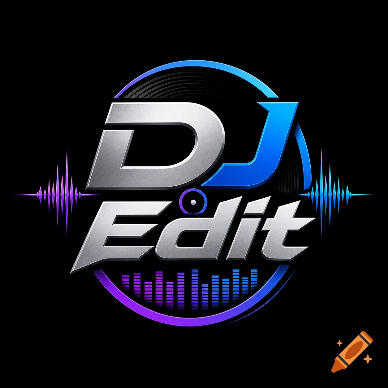 A stylized metallic and blue logo reading 'DJ Edit' with audio waveforms and a vinyl record background.