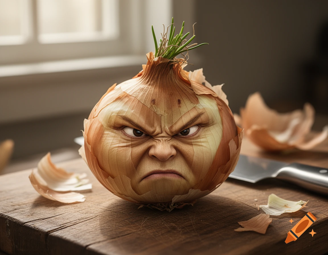 An angry person's face realistically formed on an onion sitting on a wooden cutting board, with a knife and peelings in the background.