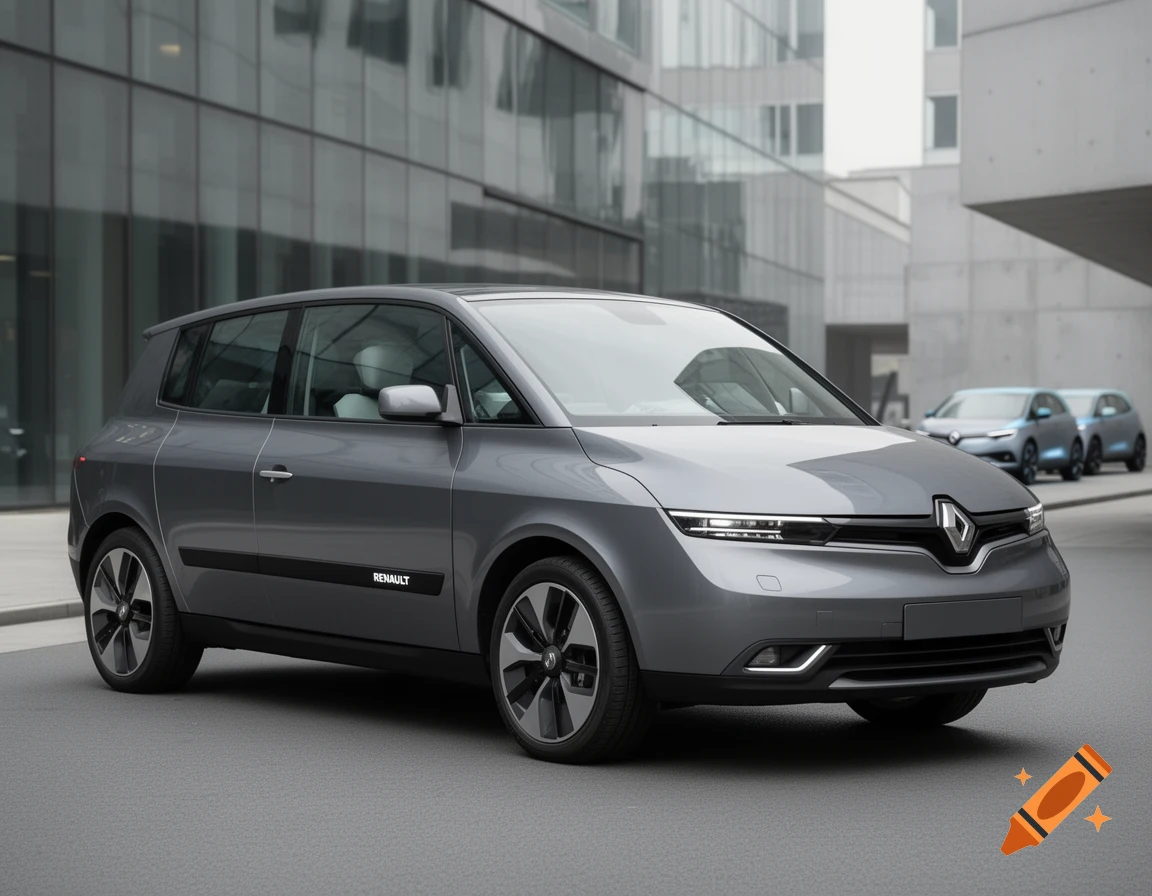 Photorealistic image of a modern gray Renault concept car parked on a paved street in front of a contemporary glass and concrete building.