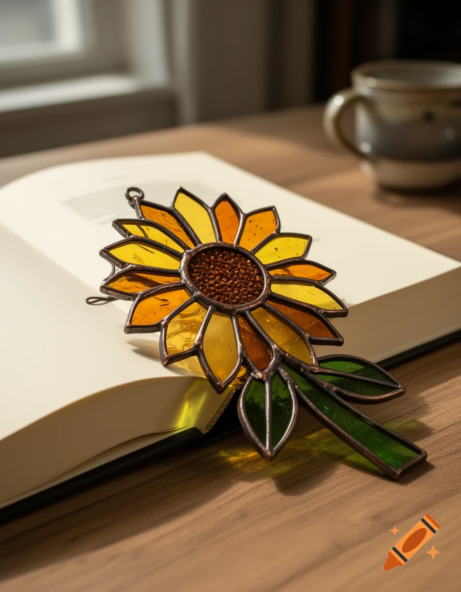 A sunflower-shaped stained glass bookmark resting on an open book on a wooden table.