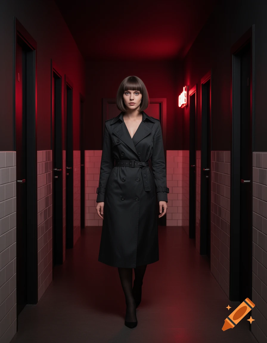 Full-body photorealistic image of a young woman with a bob haircut wearing a black trench coat in a dark, red-lit hallway with doors.