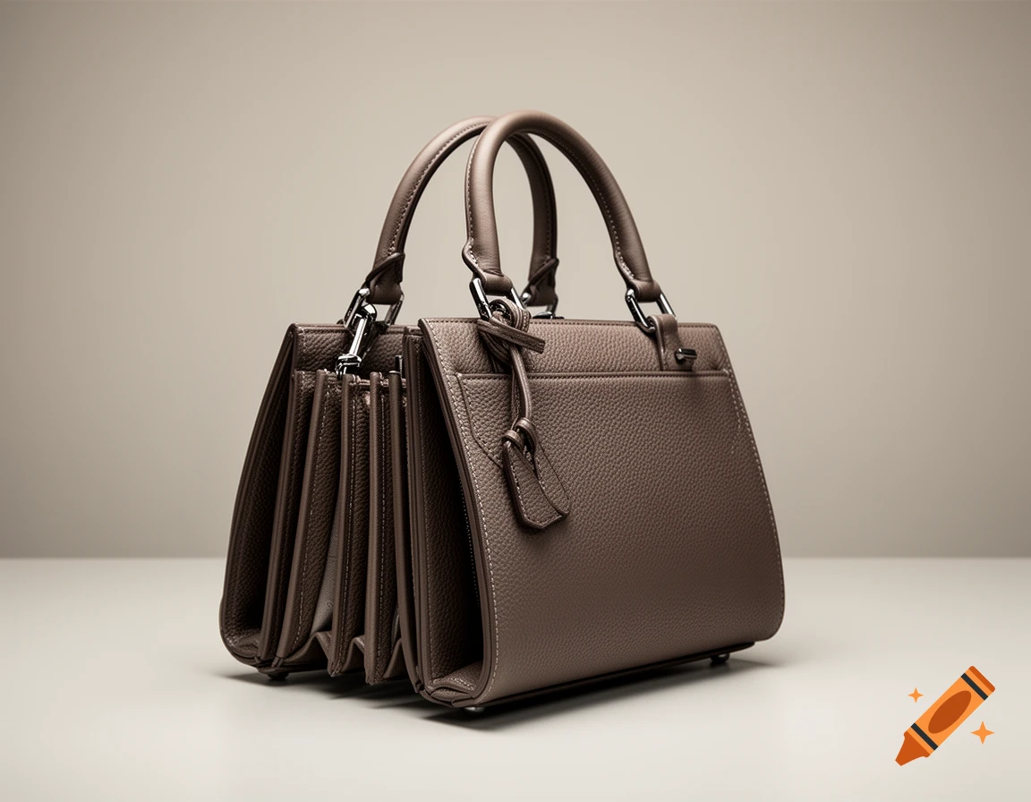 Photorealistic product shot of a brown leather accordion handbag with multiple gussets on a neutral background.