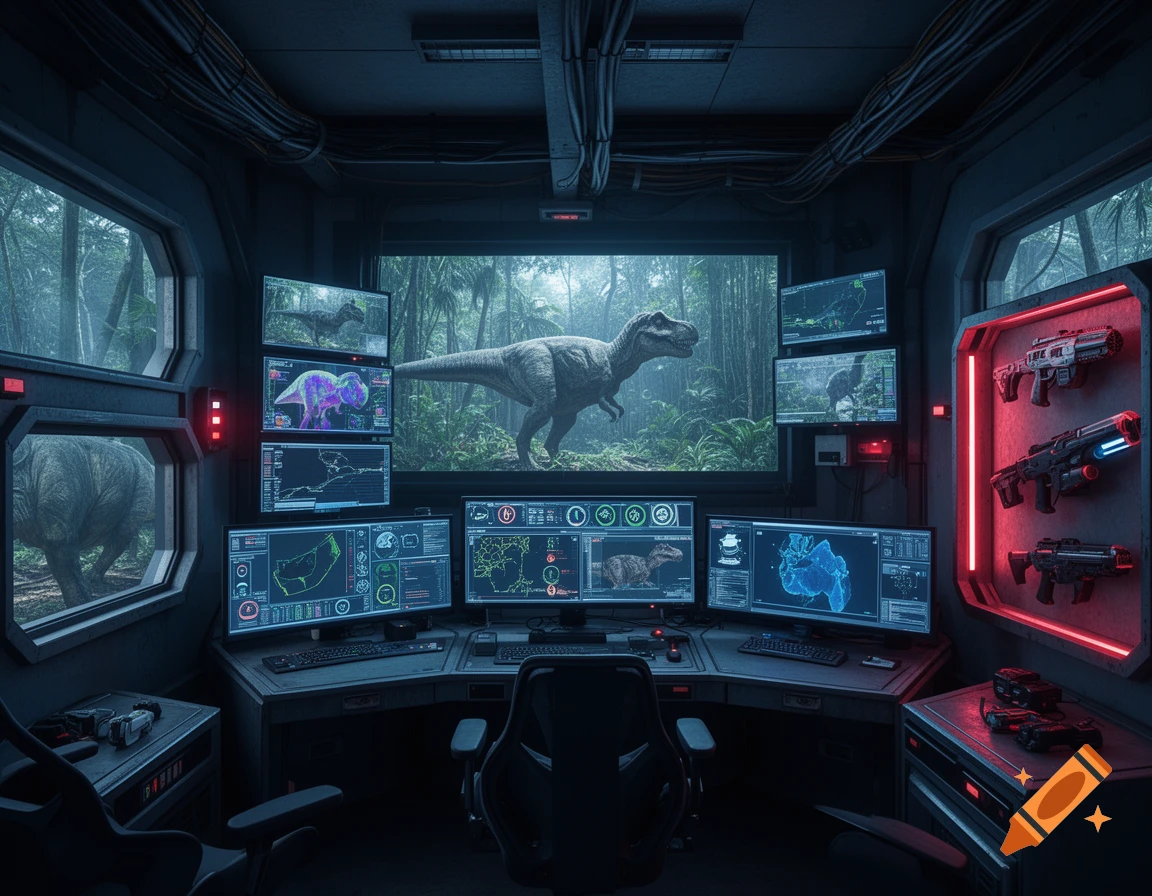 Futuristic dinosaur enclosure monitoring room with multiple computer screens showing data and a T-Rex visible through a large window, photorealistic.