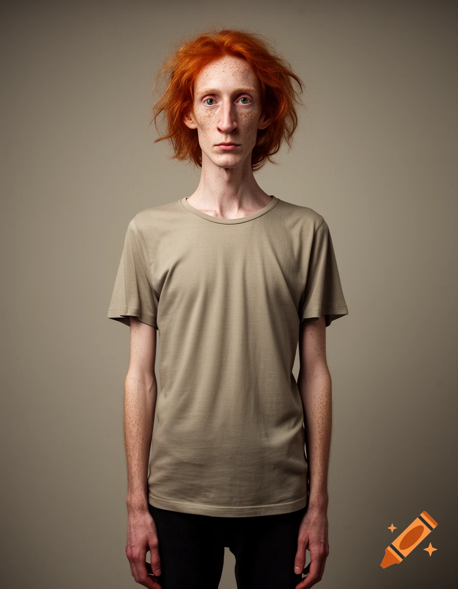 Photorealistic studio portrait of a tall, thin man with bright red messy hair, freckles, and a gray t-shirt against a neutral background.