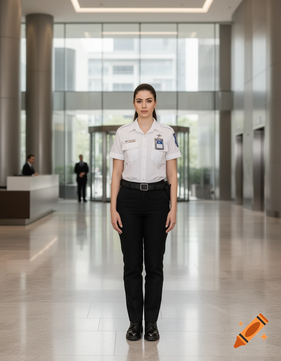 Full-length photorealistic portrait of a female security guard in uniform standing in a modern office building lobby.