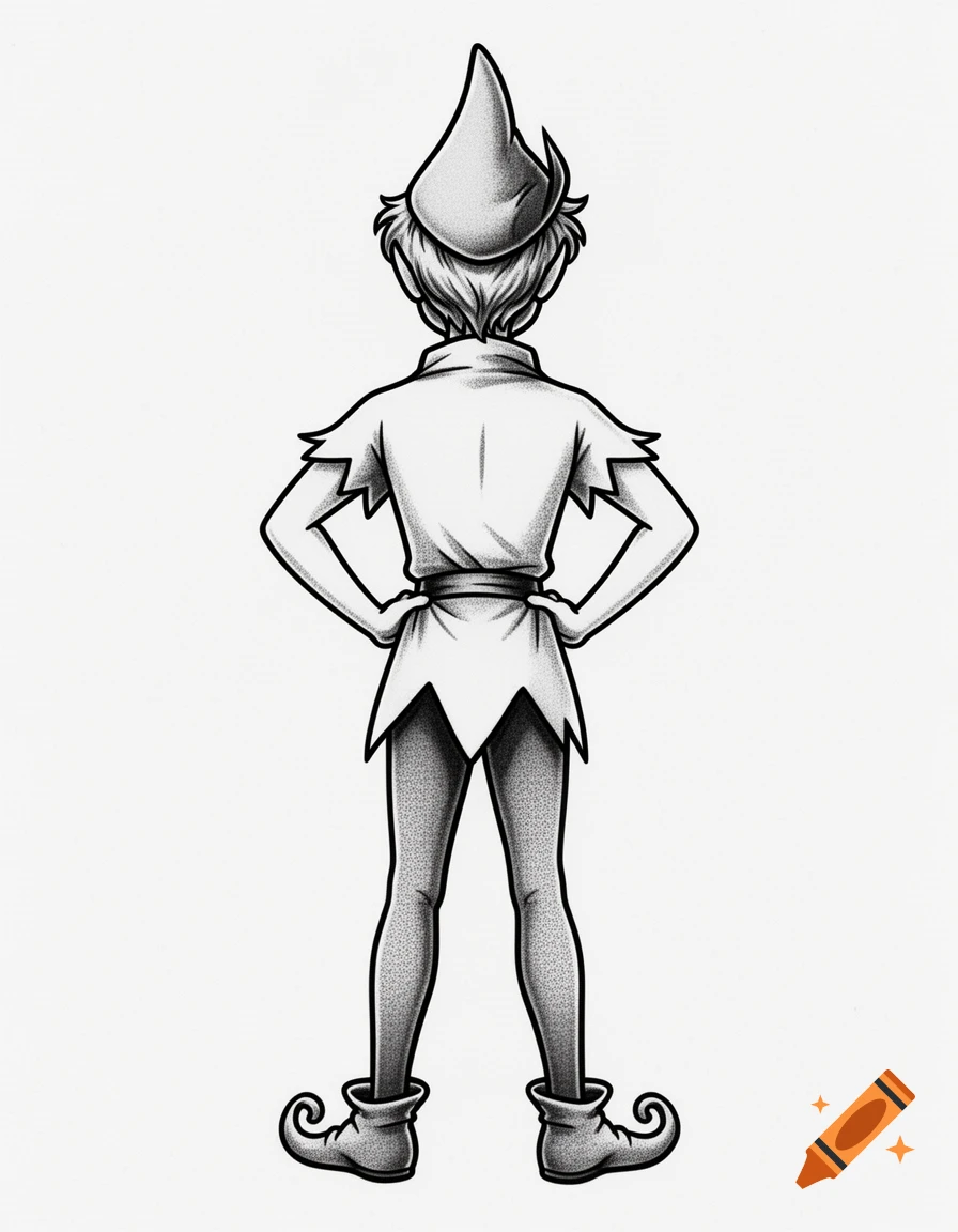 Black and white stipple art illustration of Peter Pan from behind, with hands on hips, wearing a feathered hat.