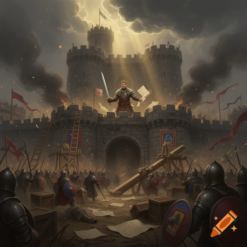 Digital art of a medieval castle siege with soldiers and shields bearing the ALDI logo.