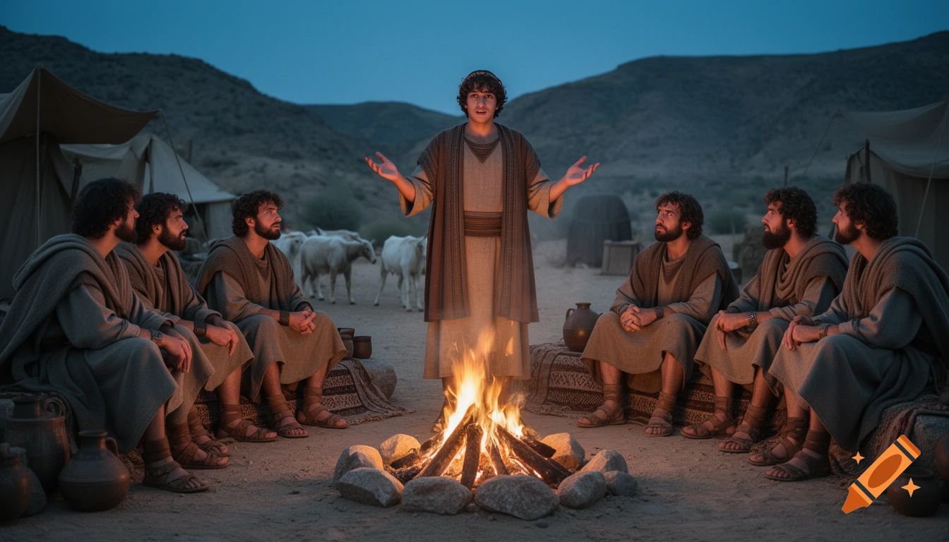 Cinematic film still of young Hebrew Joseph gesturing while telling his dreams to his brothers around a campfire in a desert setting at dusk.