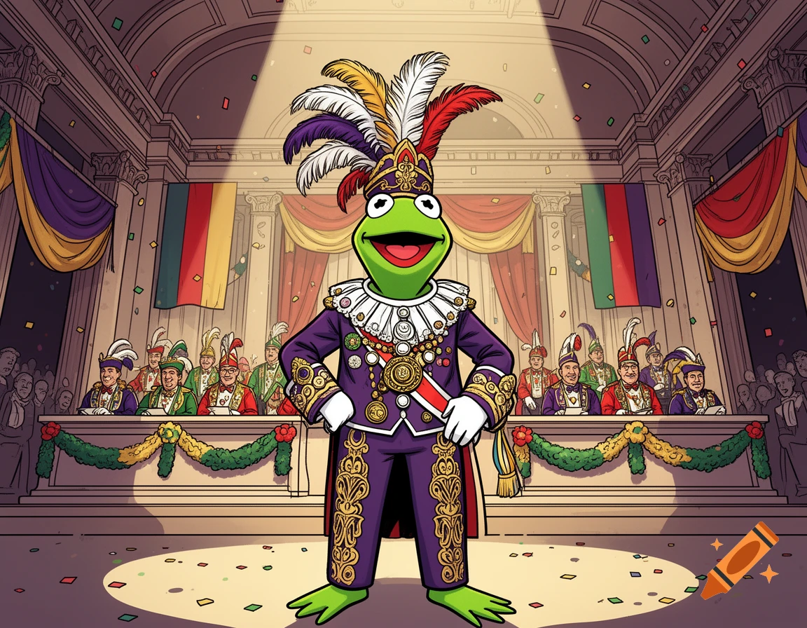 Comic style illustration of Kermit the Frog dressed as a Cologne carnival prince on a stage.