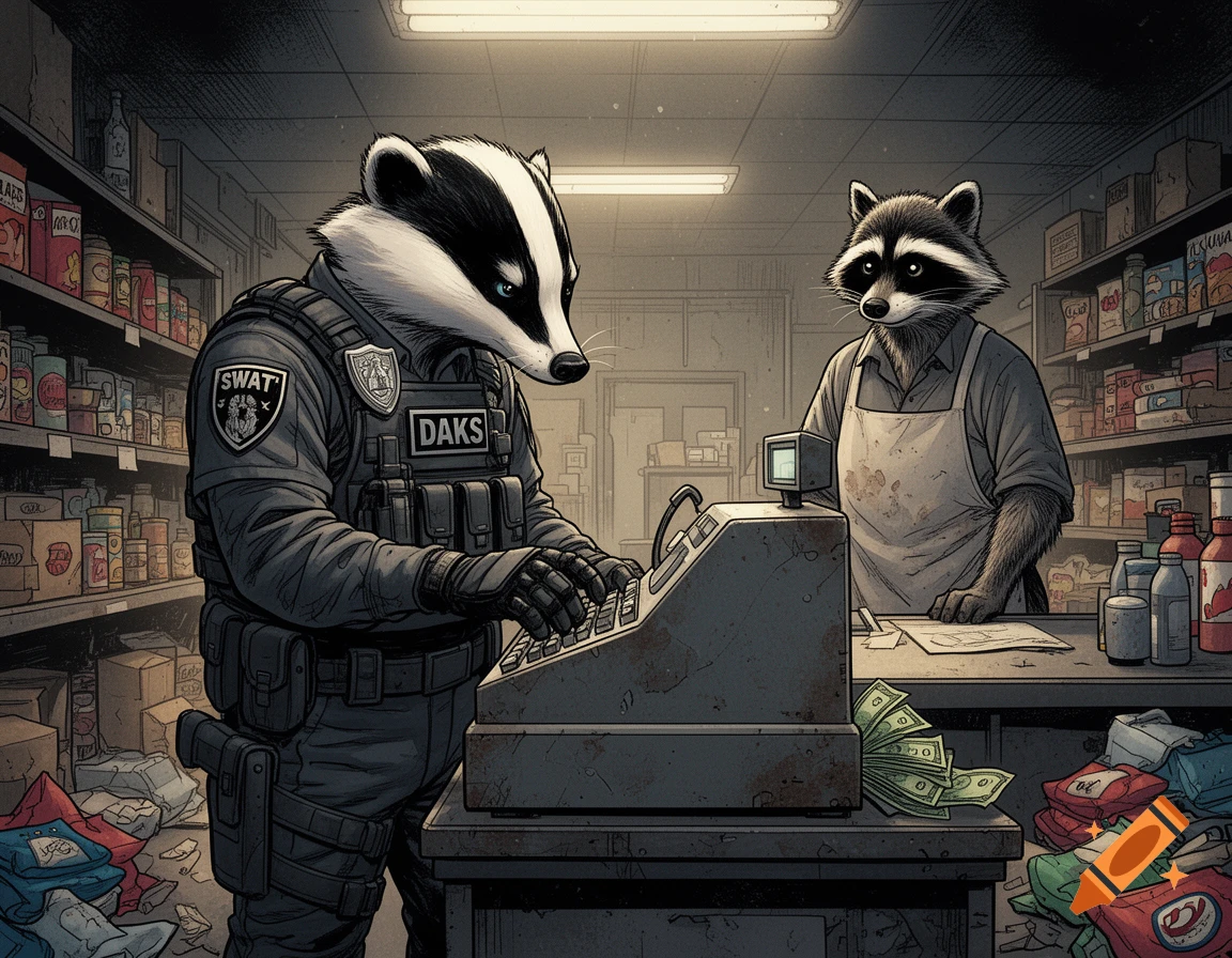 Action comic style illustration of a badger SWAT officer inspecting a cash register while a raccoon store owner watches.