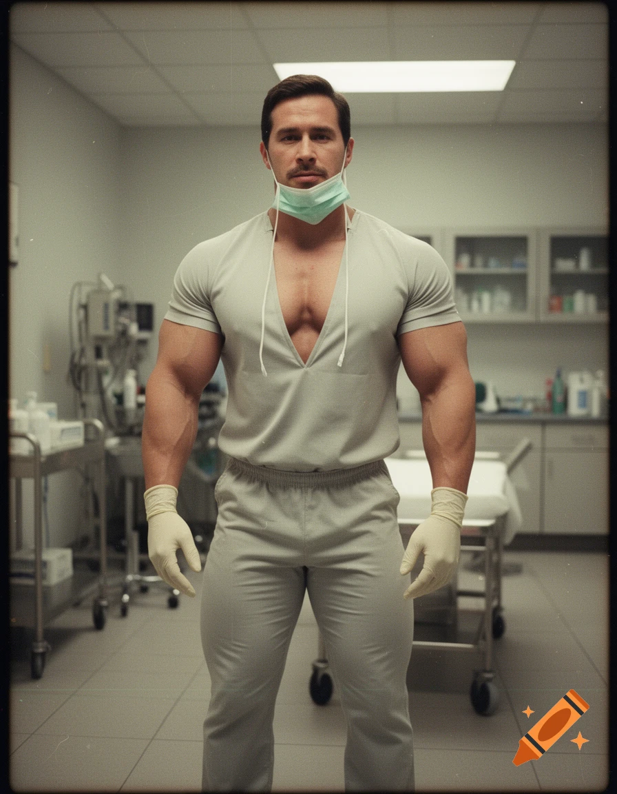 vhs-style photo of a muscular man in light scrubs and latex gloves standing in a medical room