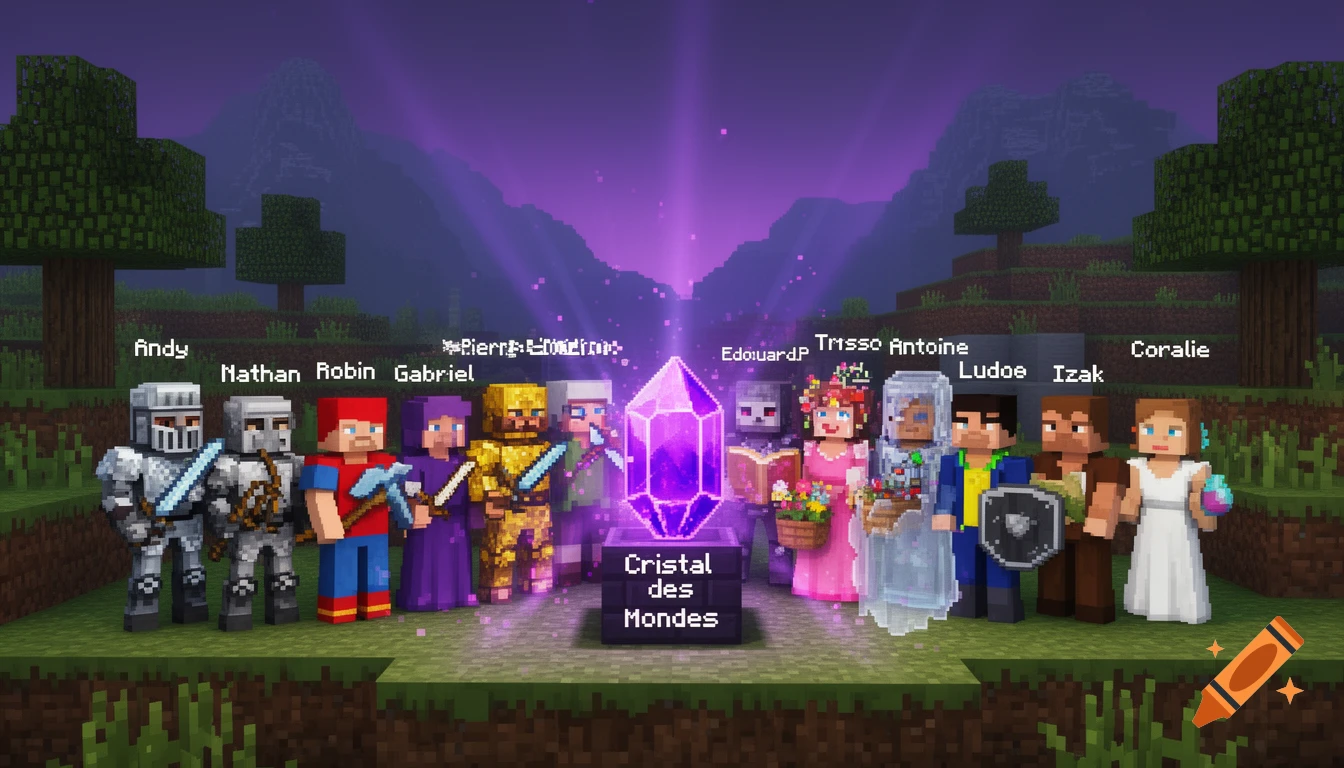 Minecraft style digital art showing a group of characters standing around a glowing purple crystal in a blocky landscape.