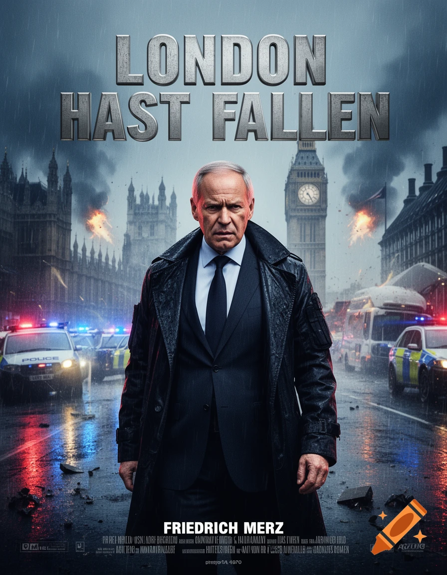 Movie poster featuring Friedrich Merz as an action hero standing in a rainy, war-torn London street with Big Ben in the background.